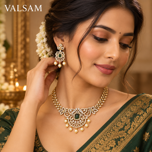 Emerald Green Stone Necklace Set with Pearl Drop Earrings | Ethnic Festive Jewellery