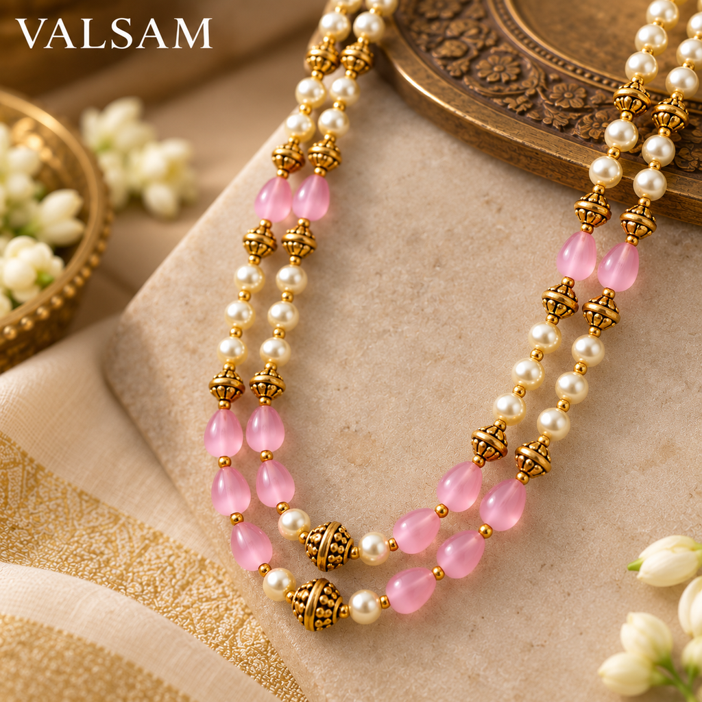 Traditional Pearl & Pink Bead Double Layer Necklace Set | Ethnic Festive Jewellery