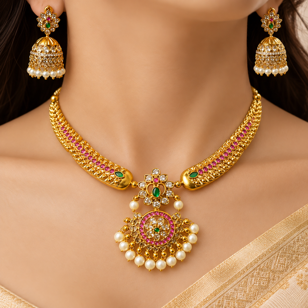 Ethnic Pearl Pendant Choker Set