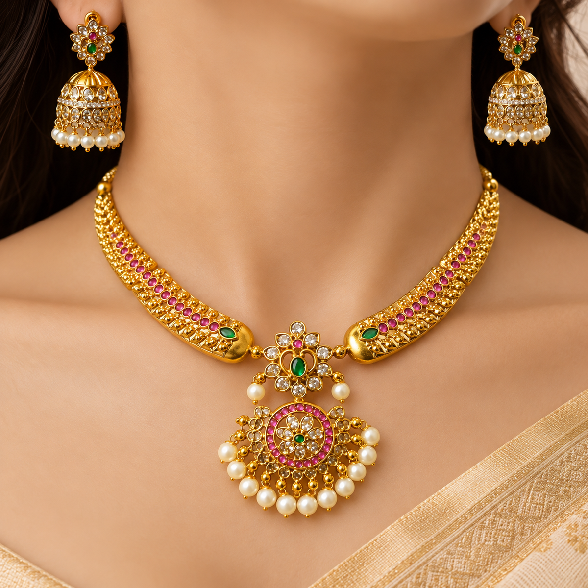 Ethnic Pearl Pendant Choker Set