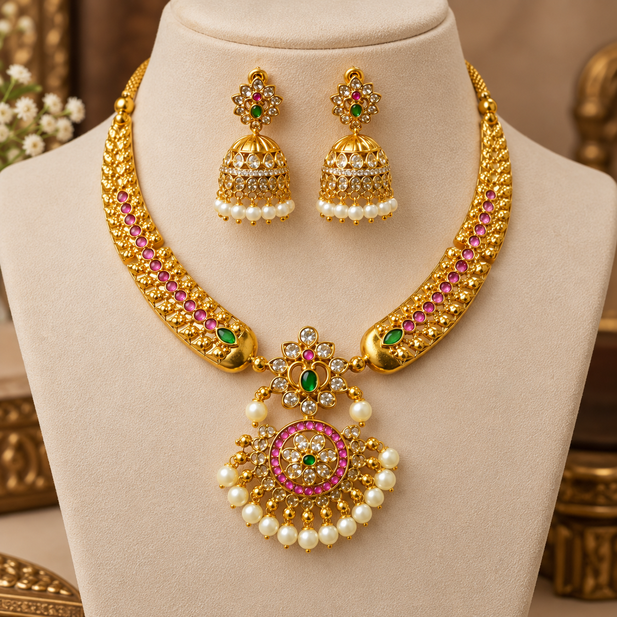 Ethnic Pearl Pendant Choker Set