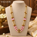 Traditional Pearl & Pink Bead Double Layer Necklace Set | Ethnic Festive Jewellery