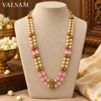 Traditional Pearl & Pink Bead Double Layer Necklace Set | Ethnic Festive Jewellery