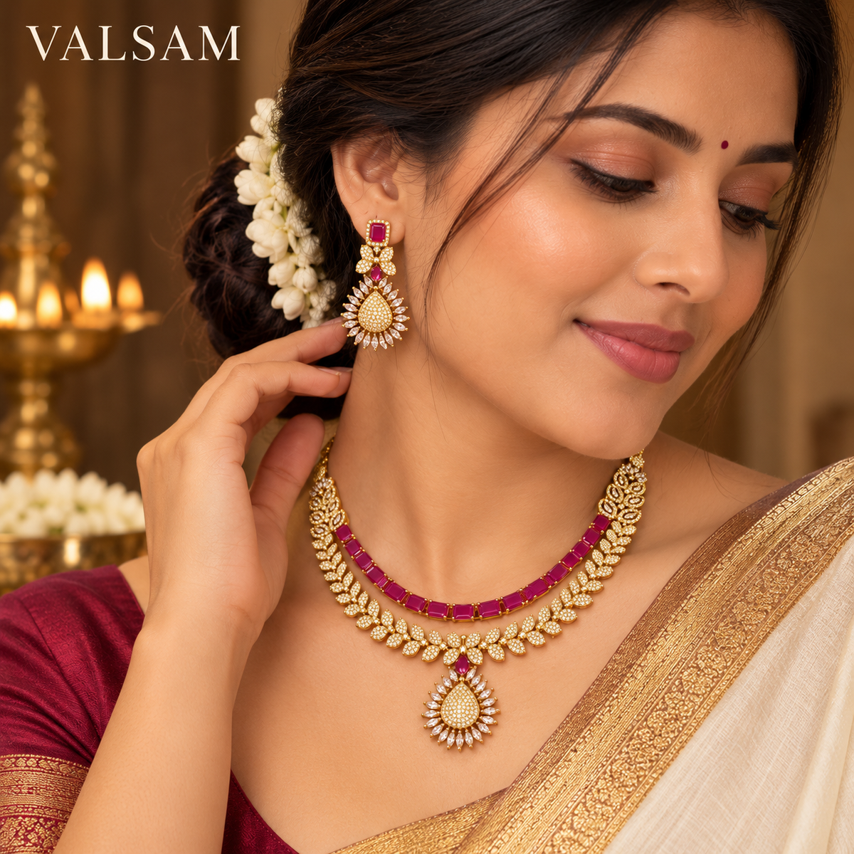 Ruby Red Stone Necklace Set with Drop Earrings | Gold Tone Festive Wedding Jewellery