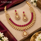 Ruby Red Stone Necklace Set with Drop Earrings | Gold Tone Festive Wedding Jewellery