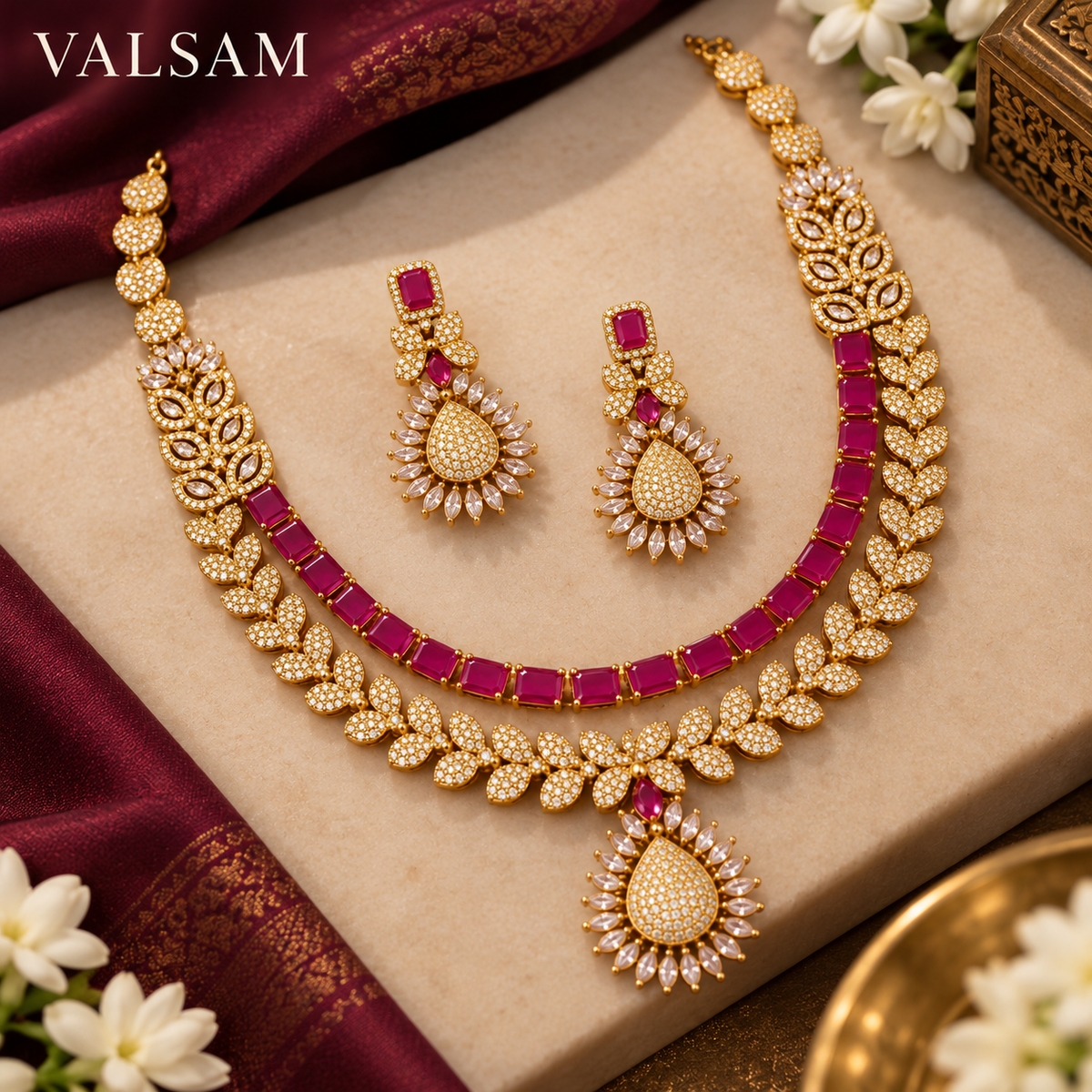 Ruby Red Stone Necklace Set with Drop Earrings | Gold Tone Festive Wedding Jewellery