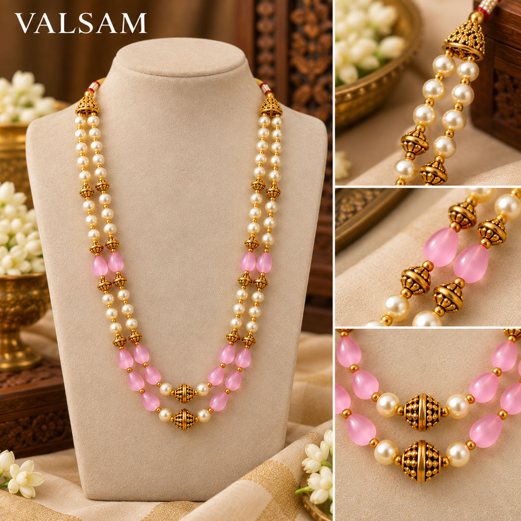 Traditional Pearl & Pink Bead Double Layer Necklace Set | Ethnic Festive Jewellery
