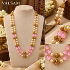 Traditional Pearl & Pink Bead Double Layer Necklace Set | Ethnic Festive Jewellery