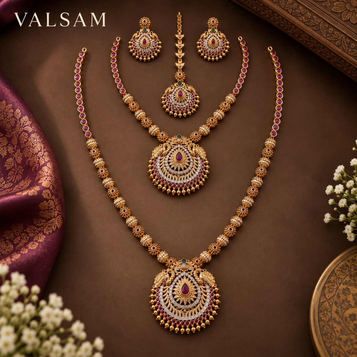 VALSAM Royal Ruby and Emerald Bridal Necklace Set