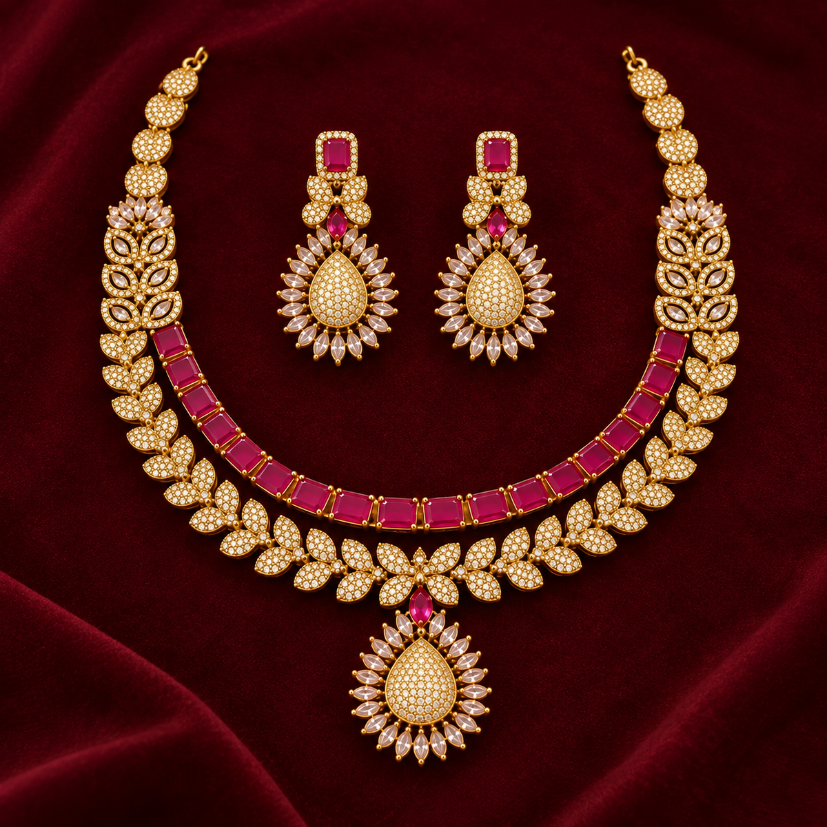 Ruby Red Stone Necklace Set with Drop Earrings | Gold Tone Festive Wedding Jewellery