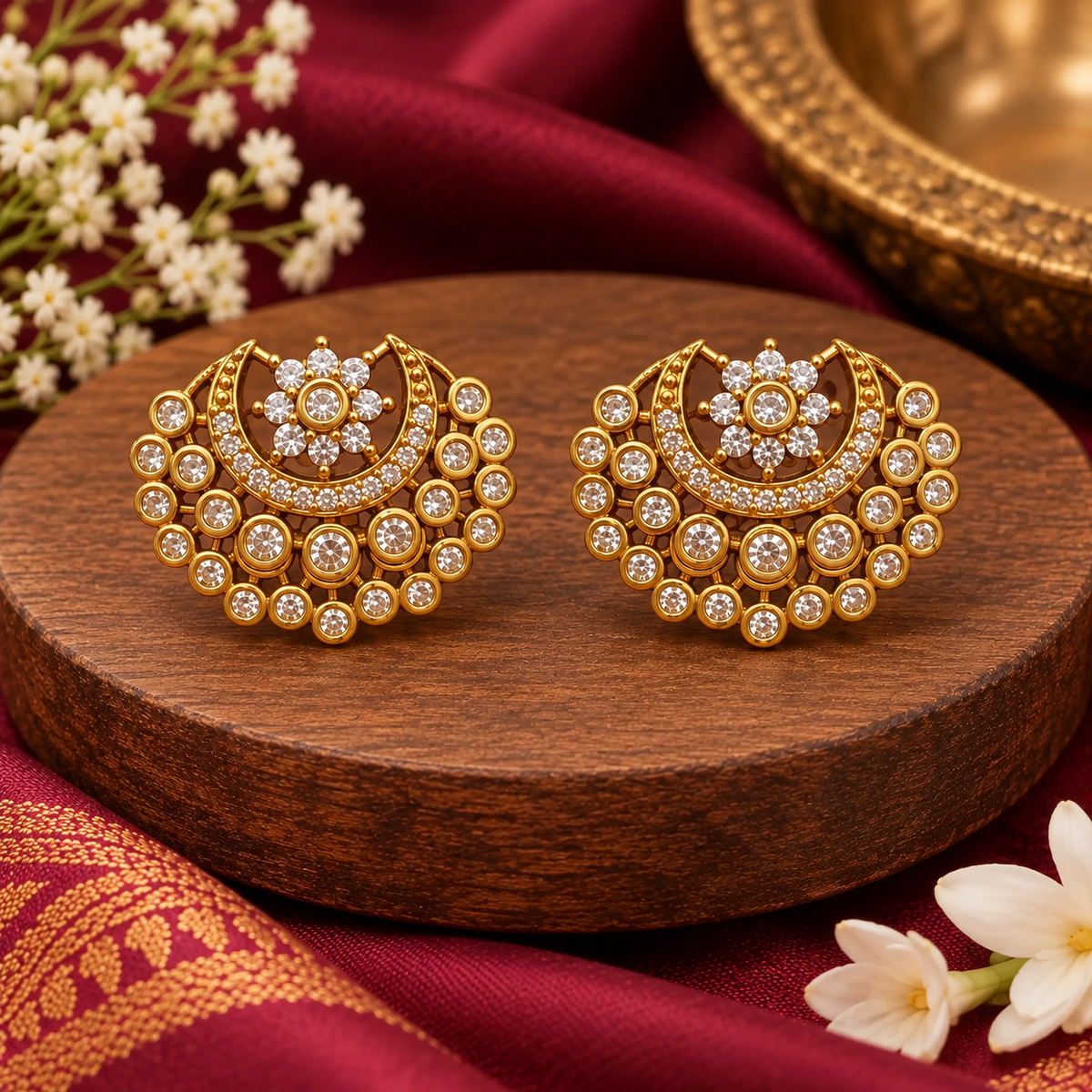 Gold Plated AD Chandbali Earrings with Floral Design | Traditional Festive Jewellery